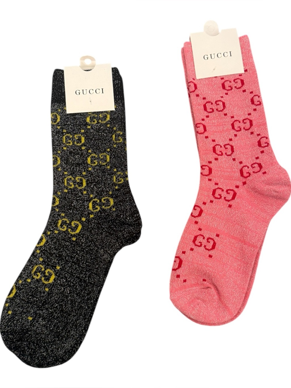 2 Pair Gucci Outlet GG Monogram Crew Socks — 2 Pink Pair